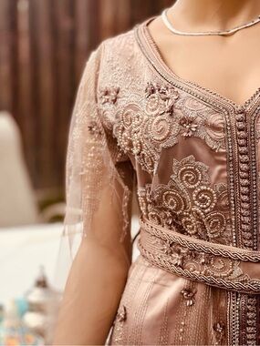 Caftan/Embellished Rose Gold Maxi Dress with Sheer Sleeves